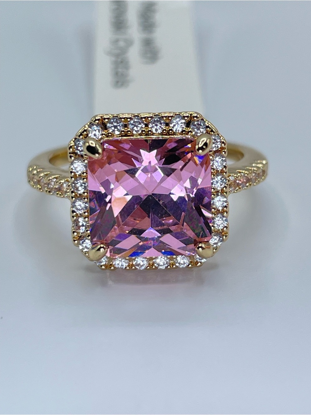 Swarovski Crystal Elements Pink Princess Cut Halo Art Deco Statement Ring Size 9